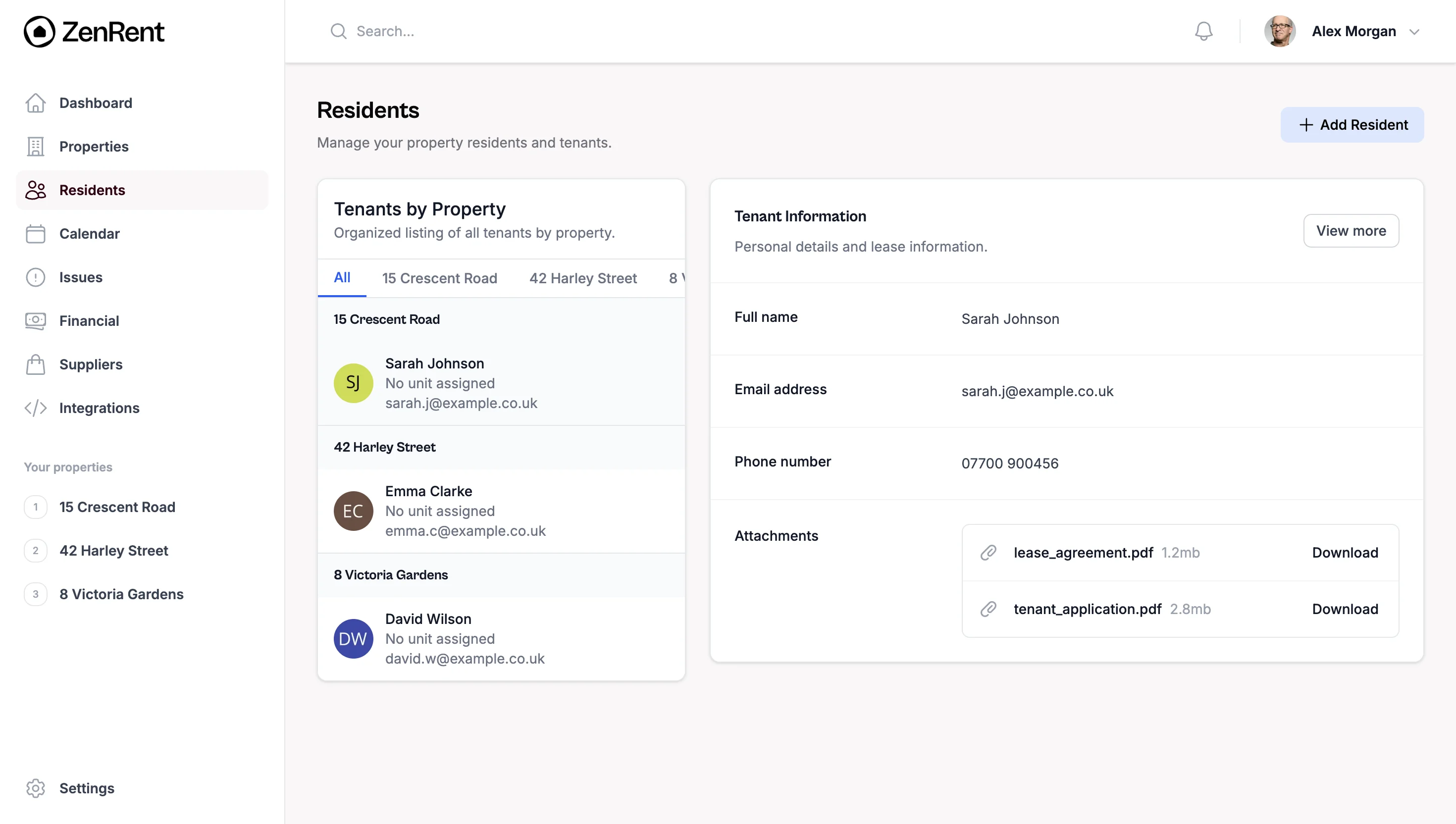 ZenRent dashboard showing property management features